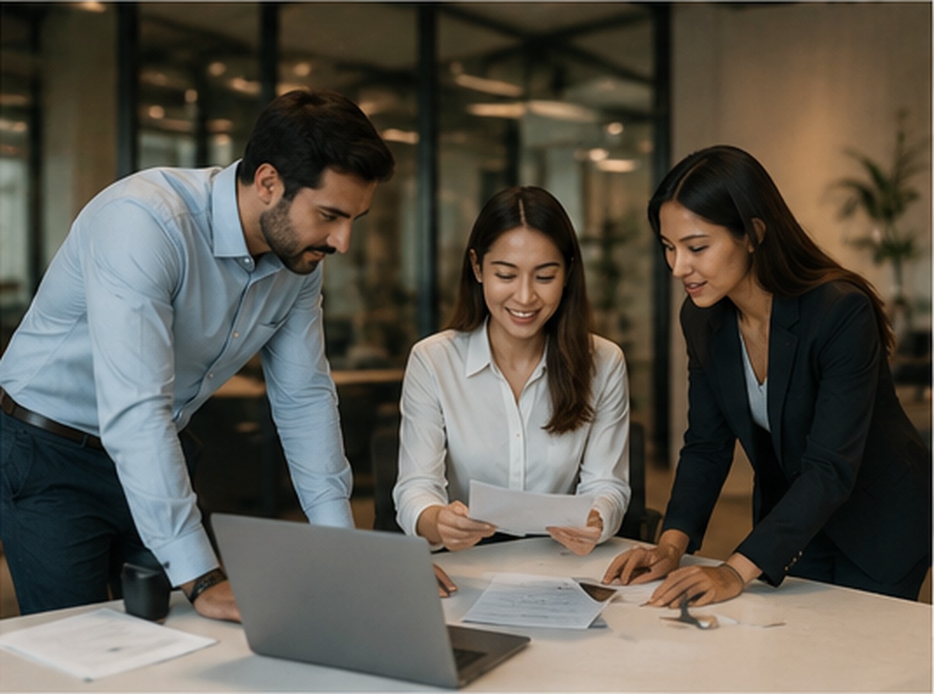 Professionals collaborating around a laptop in a modern office